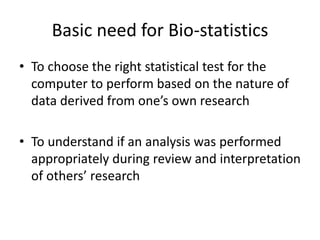 Bio-Statistics in Bio-Medical research | PPTX