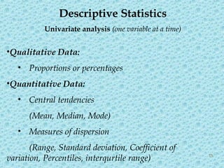 Descriptive Statistics
Univariate analysis (one variable at a time)
•Qualitative Data:
• Proportions or percentages
•Quantitative Data:
• Central tendencies
(Mean, Median, Mode)
• Measures of dispersion
(Range, Standard deviation, Coefficient of
variation, Percentiles, interqurtile range) 15
 
