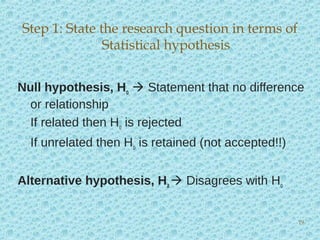 Null hypothesis, Ho  Statement that no difference
or relationship
If related then Ho is rejected
If unrelated then Ho is retained (not accepted!!)
Alternative hypothesis, Ha  Disagrees with Ho
Step 1: State the research question in terms of
Statistical hypothesis
19
 