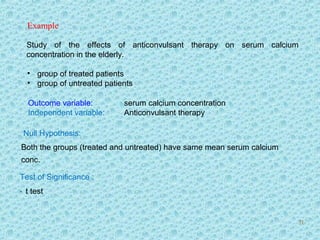 Example
Study of the effects of anticonvulsant therapy on serum calcium
concentration in the elderly.
• group of treated patients
• group of untreated patients
Outcome variable: serum calcium concentration
Independent variable: Anticonvulsant therapy
Null Hypothesis:
Both the groups (treated and untreated) have same mean serum calcium
conc.
Test of Significance :
. t test
31
 