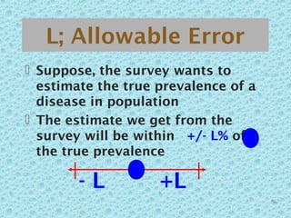 L; Allowable Error
 Suppose, the survey wants to
estimate the true prevalence of a
disease in population
 The estimate we get from the
survey will be within +/- L% of
the true prevalence
- L +L
56
 