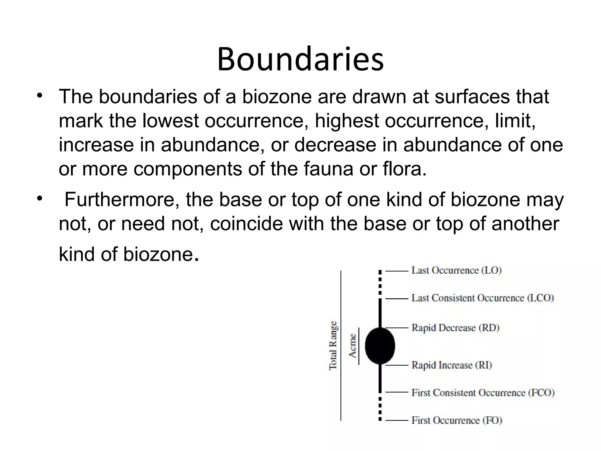 Boundaries
• The boundaries of a biozone are drawn at surfaces that 
  mark the lowest occurrence, highest occurrence, limit, 
  increase in abundance, or decrease in abundance of one 
  or more components of the fauna or flora.
•  Furthermore, the base or top of one kind of biozone may 
  not, or need not, coincide with the base or top of another 
  kind of biozone.
 