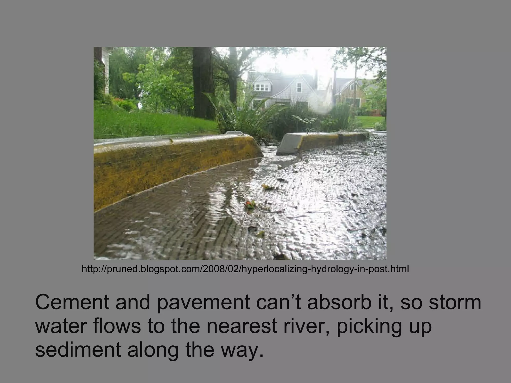 Cement and pavement can’t absorb it, so storm water flows to the nearest river, picking up sediment along the way. http://pruned.blogspot.com/2008/02/hyperlocalizing-hydrology-in-post.html 