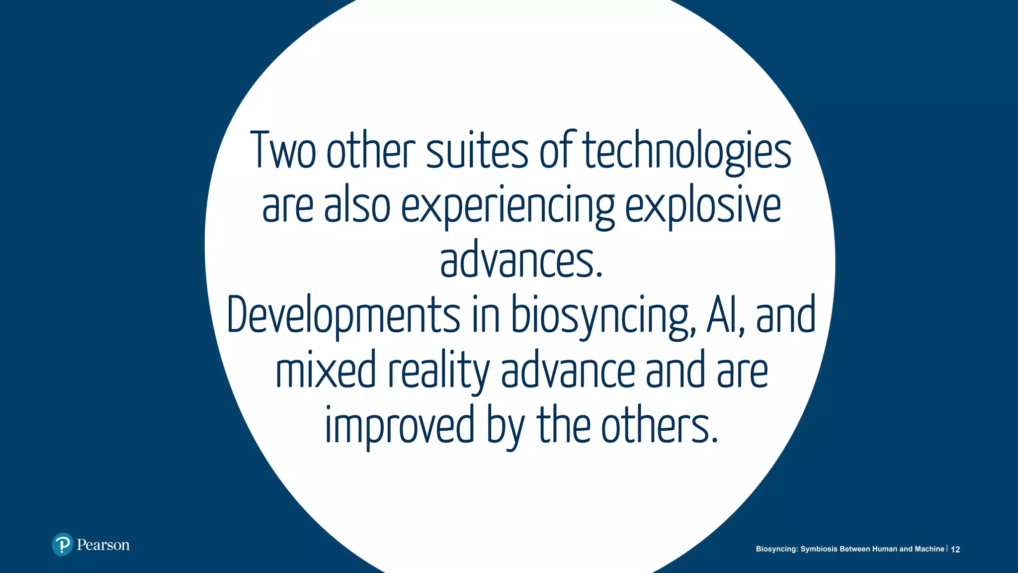 Two other suites of technologies
are also experiencing explosive
advances.
Developments in biosyncing, AI, and
mixed reality advance and are
improved by the others.
12Biosyncing: Symbiosis Between Human and Machine
 