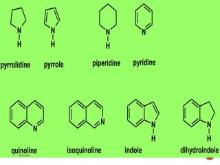 21
N
H
N
H
pyrrolidine pyrrole
N
H
N
piperidine pyridine
N
N N
H
quinoline isoquinoline indole
N
H
dihydroindole
W0x888
 