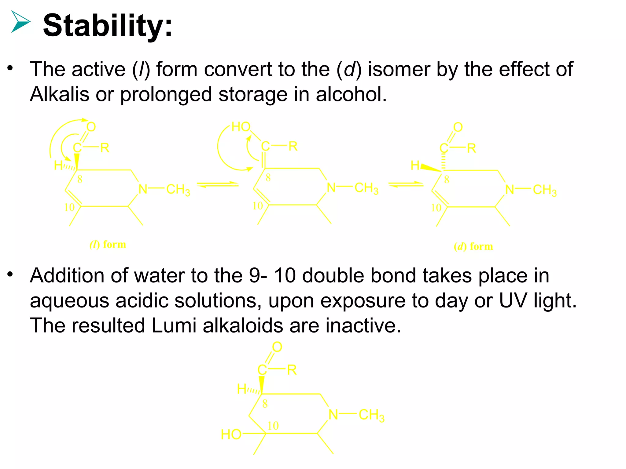  Stability:
• The active (l) form convert to the (d) isomer by the effect of
Alkalis or prolonged storage in alcohol.
• Addition of water to the 9- 10 double bond takes place in
aqueous acidic solutions, upon exposure to day or UV light.
The resulted Lumi alkaloids are inactive.
N CH3
C
O
N CH3
C
N CH3
C
O
10
8
10
8
10
8
H H
R RR
HO
(l) form (d) form
N CH3
C
O
10
8
H
R
HO
 