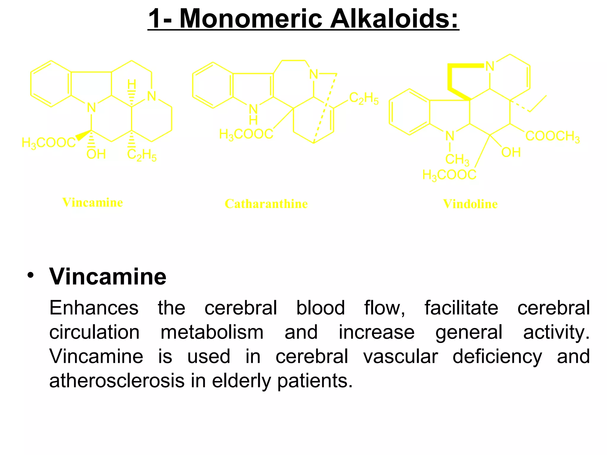 1- Monomeric Alkaloids:
• Vincamine
Enhances the cerebral blood flow, facilitate cerebral
circulation metabolism and increase general activity.
Vincamine is used in cerebral vascular deficiency and
atherosclerosis in elderly patients.
N
N
H
C2H5OH
H3COOC
N
N
H
H3COOC
C2H5
N
N
CH3
COOCH3
OH
H3COOC
Vincamine Catharanthine Vindoline
 