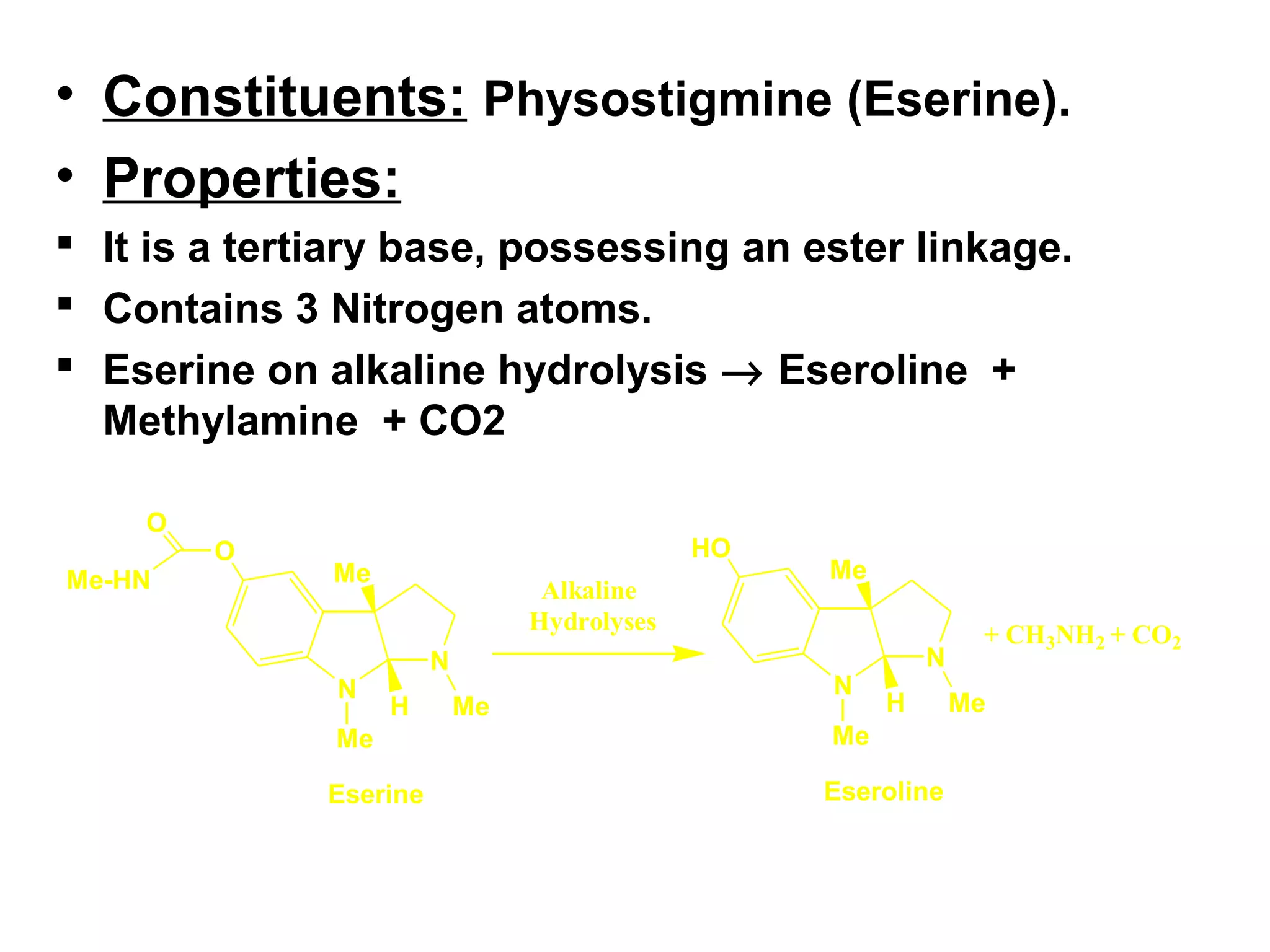 • Constituents: Physostigmine (Eserine).
• Properties:
 It is a tertiary base, possessing an ester linkage.
 Contains 3 Nitrogen atoms.
 Eserine on alkaline hydrolysis → Eseroline +
Methylamine + CO2
N
N
O
Me
Me
Eserine
Me
H
O
Me-HN
N
N
HO
Me
Me
Eseroline
Me
H
+ CH3NH2 + CO2
Alkaline
Hydrolyses
 