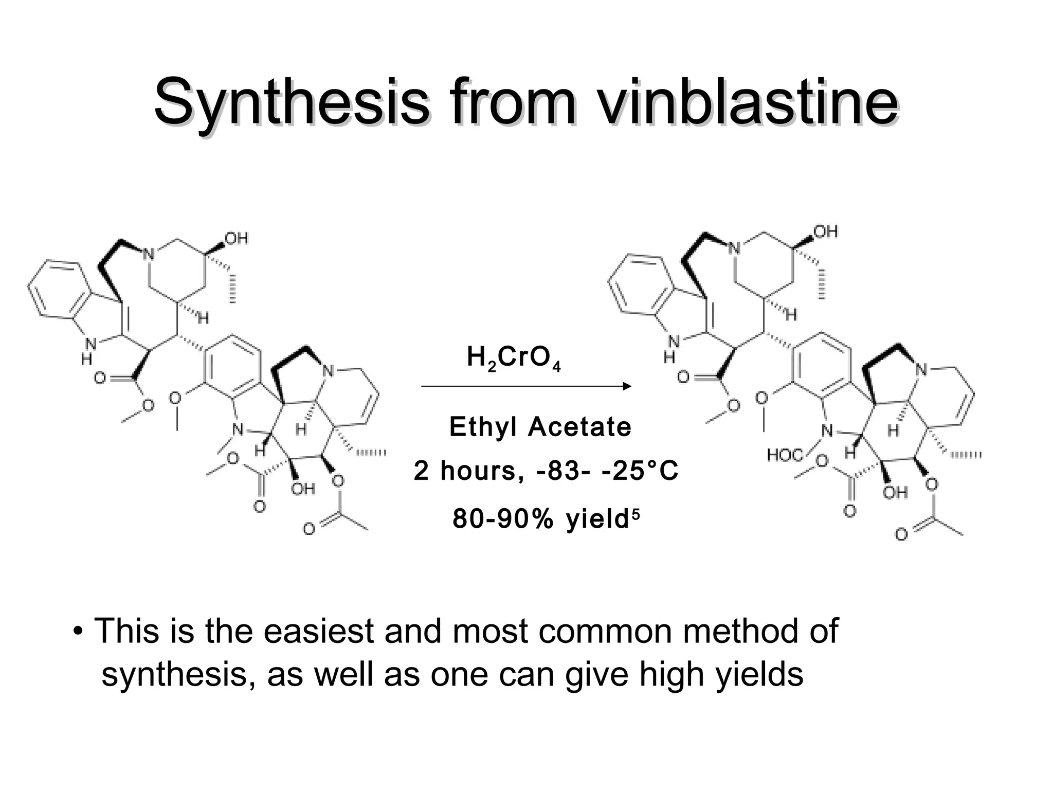 Synthesis from vinblastineSynthesis from vinblastine
H2CrO4
Ethyl Acetate
2 hours, -83- -25°C
80-90% yield5
• This is the easiest and most common method of
synthesis, as well as one can give high yields
 