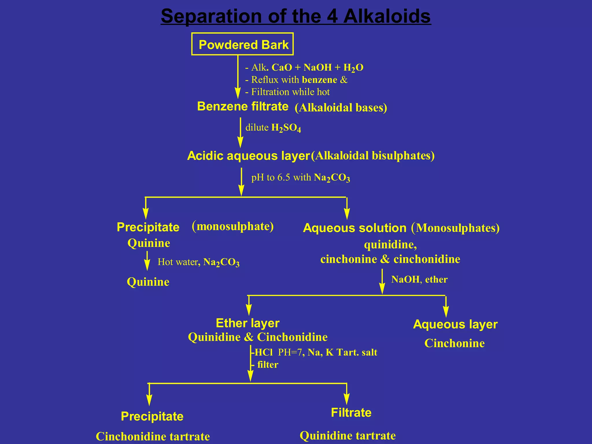 Separation of the 4 Alkaloids
Powdered Bark
- Alk. CaO + NaOH + H2O
- Reflux with benzene &
- Filtration while hot
Benzene filtrate (Alkaloidal bases)
dilute H2SO4
Acidic aqueous layer(Alkaloidal bisulphates)
pH to 6.5 with Na2CO3
Precipitate
Quinine quinidine,
cinchonine & cinchonidineHot water, Na2CO3
Quinine NaOH, ether
Aqueous layerEther layer
CinchonineQuinidine & Cinchonidine
-HCl PH=7, Na, K Tart. salt
- filter
Precipitate Filtrate
Cinchonidine tartrate Quinidine tartrate
Aqueous solution (Monosulphates)(monosulphate)
 