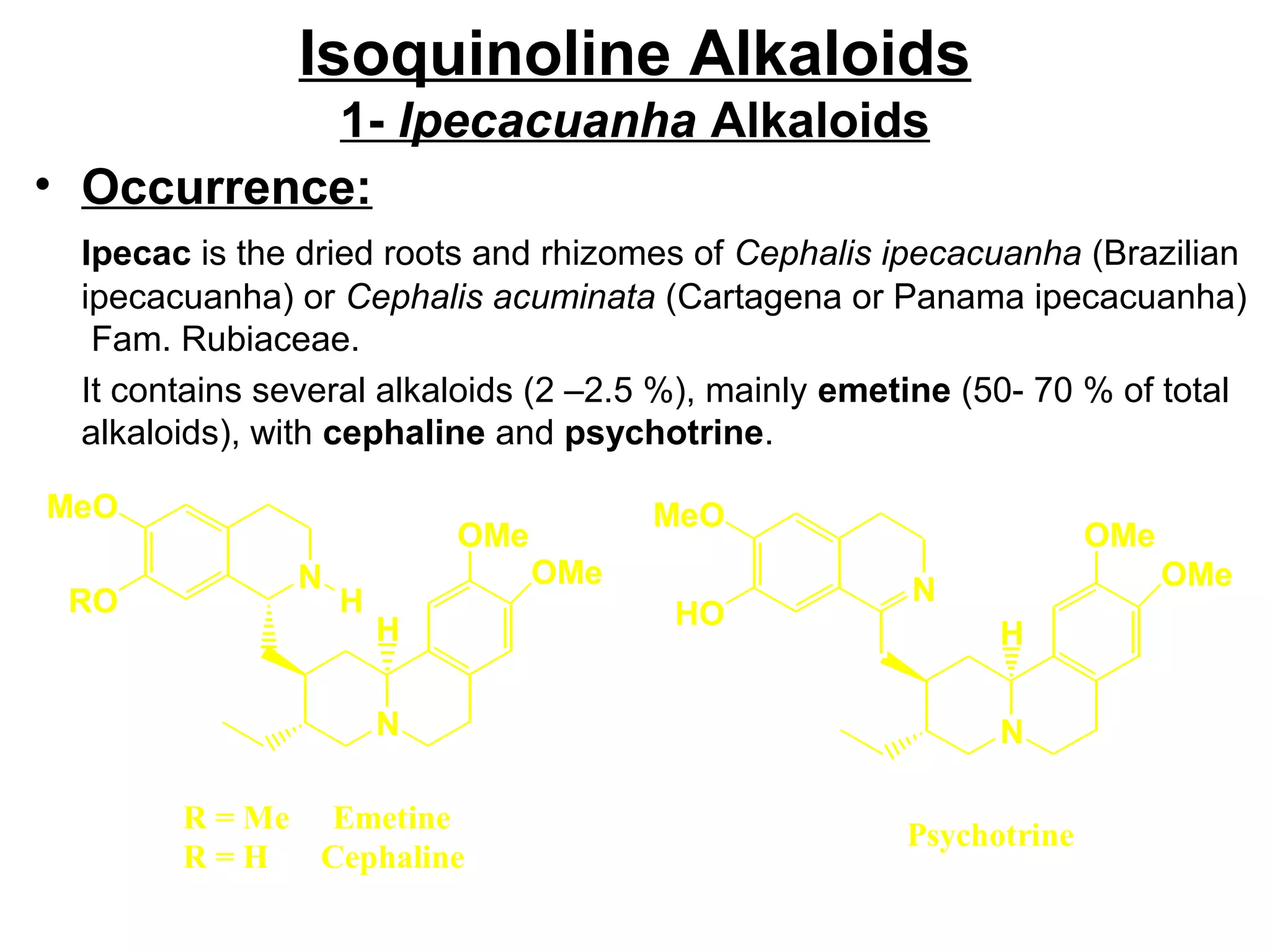 Isoquinoline Alkaloids
1- Ipecacuanha Alkaloids
• Occurrence:
Ipecac is the dried roots and rhizomes of Cephalis ipecacuanha (Brazilian
ipecacuanha) or Cephalis acuminata (Cartagena or Panama ipecacuanha)
Fam. Rubiaceae.
It contains several alkaloids (2 –2.5 %), mainly emetine (50- 70 % of total
alkaloids), with cephaline and psychotrine.
N
MeO
RO
N
OMe
OMe
H
H
R = Me Emetine
R = H Cephaline
N
MeO
HO
N
OMe
OMe
H
Psychotrine
 