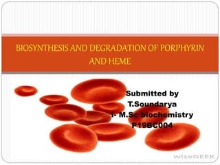 Submitted by
T.Soundarya
I- M.Sc biochemistry
P19BC004
BIOSYNTHESIS AND DEGRADATION OF PORPHYRIN
AND HEME
 