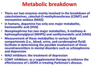 Metabolic breakdown
• There are two enzymes mainly involved in the breakdown of
catecholamines, catechol-O-methyltransferase (COMT) and
monoamine oxidase (MAO)
• In humans, dopamine has only one major metabolite,
homovanillic acid (HVA)
• Norepinephrine has two major metabolites, 3-methoxy-4-
hydroxyphenylglycol (MHPG) and vanillymandelic acid (VMA)
• Measurement of these metabolites in various fluid
compartments (i.e., blood, urine, and cerebrospinal fluid)
facilitate in determining the possible involvement of these
neurotransmitters in mental disorders such as schizophrenia
and depression
• MAO inhibitors: the treatment of depression
• COMT inhibitors: as a supplemental therapy to enhance the
effectiveness of L-DOPA in treating Parkinson’s disease.
 