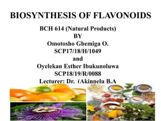 BIOSYNTHESIS OF FLAVONOIDS
BCH 614 (Natural Products)
BY
Omotosho Gbemiga O.
SCP17/18/H/1049
and
Oyelekan Esther Ibukunoluwa
SCP18/19/R/0088
Lecturer: Dr. (Akinpelu B.A
 