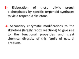 3- Elaboration of these allylic prenyl
diphosphates by specific terpenoid synthases
to yield terpenoid skeletons.
4- Secondary enzymatic modifications to the
skeletons (largely redox reactions) to give rise
to the functional properties and great
chemical diversity of this family of natural
products.
 
