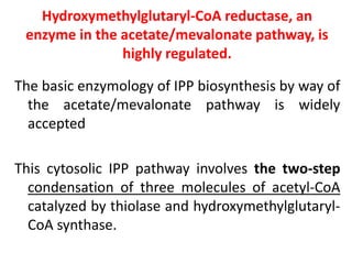 Hydroxymethylglutaryl-CoA reductase, an
enzyme in the acetate/mevalonate pathway, is
highly regulated.
The basic enzymology of IPP biosynthesis by way of
the acetate/mevalonate pathway is widely
accepted
This cytosolic IPP pathway involves the two-step
condensation of three molecules of acetyl-CoA
catalyzed by thiolase and hydroxymethylglutaryl-
CoA synthase.
 