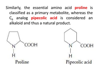 Similarly, the essential amino acid proline is
classified as a primary metabolite, whereas the
C6 analog pipecolic acid is considered an
alkaloid and thus a natural product.
 