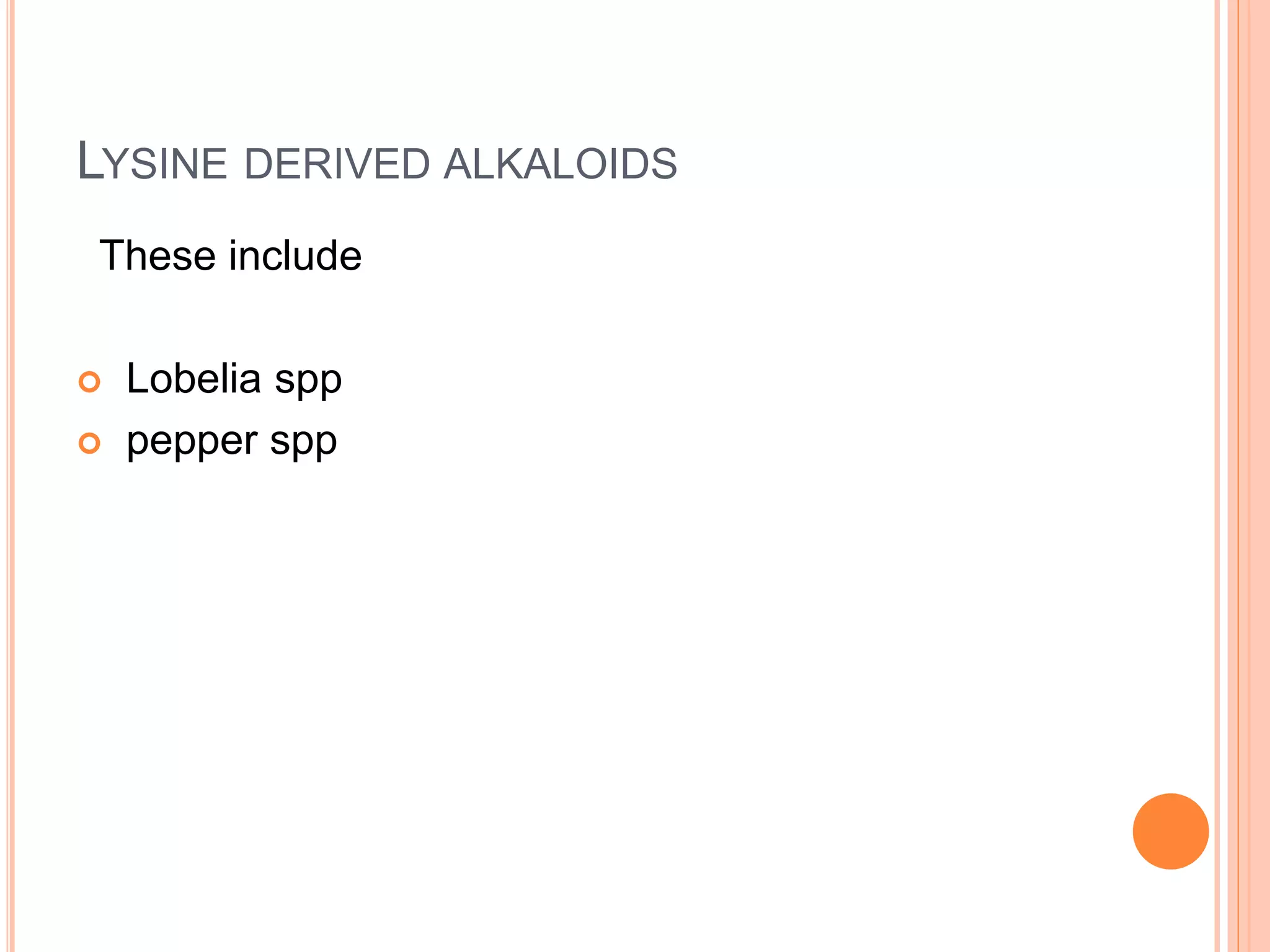 LYSINE DERIVED ALKALOIDS 
These include 
 Lobelia spp 
 pepper spp 
 