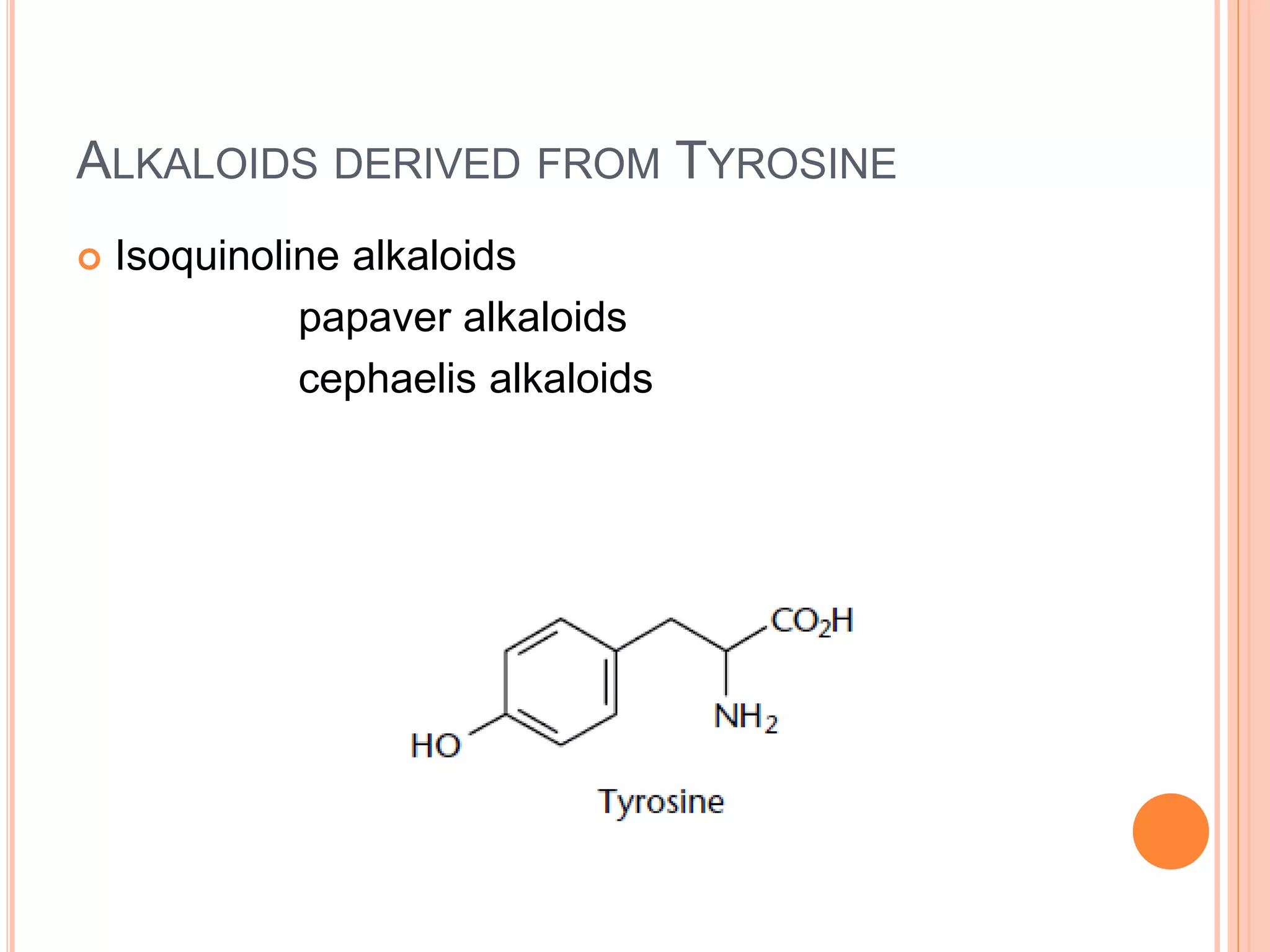 ALKALOIDS DERIVED FROM TYROSINE 
 Isoquinoline alkaloids 
papaver alkaloids 
cephaelis alkaloids 
 