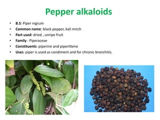 Pepper alkaloids 
• B.S: Piper nigrum 
• Common name: black pepper, kali mirch 
• Part used: dried , unripe fruit 
• Family : Piperaceae 
• Constituents: piperine and piperittene 
• Uses: piper is used as condiment and for chronic bronchitis. 
 