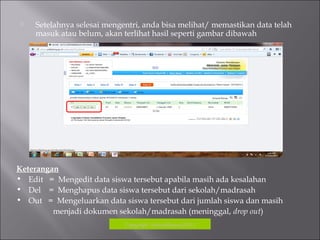  Setelahnya selesai mengentri, anda bisa melihat/ memastikan data telah
masuk atau belum, akan terlihat hasil seperti gambar dibawah
Copyrigh: kokodikpora2012
Keterangan
• Edit = Mengedit data siswa tersebut apabila masih ada kesalahan
• Del = Menghapus data siswa tersebut dari sekolah/madrasah
• Out = Mengeluarkan data siswa tersebut dari jumlah siswa dan masih
menjadi dokumen sekolah/madrasah (meninggal, drop out)
 