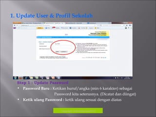 1. Update User & Profil Sekolah
Copyrigh: kokodikpora2012
Step 1 : Update Password
• Password Baru : Ketikan huruf/angka (min 6 karakter) sebagai
Password kita seterusnya. (Dicatat dan diingat)
• Ketik ulang Password : ketik ulang sesuai dengan diatas
 