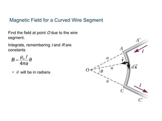 Magnetic Field for a Curved Wire Segment
Find the field at point O due to the wire
segment.
Integrate, remembering I and R are
constants
 q will be in radians
4
oμ
B θ
πa

I
 