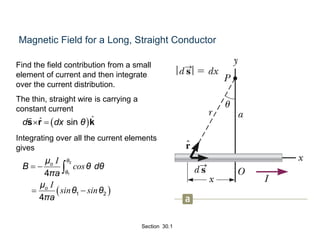 Magnetic Field for a Long, Straight Conductor
Find the field contribution from a small
element of current and then integrate
over the current distribution.
The thin, straight wire is carrying a
constant current
Integrating over all the current elements
gives
 
2
1
1 2
4
4
θ
o
θ
o
μ
B θ dθ
πa
μ
θ θ
πa
 
 

I
cos
I
sin sin
 sind dx θ s r kˆˆ
Section 30.1
 