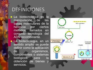 DEFINICIONES
 La biotecnología es la
manipulación de las
bases moleculares de la
herencia por ciertos
métodos, llamados en
conjunto tecnología del
ADN recombinante.
 La biotecnología, en un
sentido amplio se puede
definir como la aplicación
de organismos,
componentes o sistemas
biológicos para la
obtención de bienes y
servicios.
 