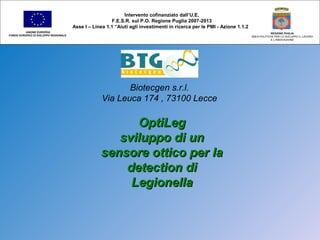 Biotecgen s.r.l.
Via Leuca 174 , 73100 Lecce
OptiLegOptiLeg
sviluppo di unsviluppo di un
sensore ottico per lasensore ottico per la
detection didetection di
LegionellaLegionella
Intervento cofinanziato dall’U.E.
F.E.S.R. sul P.O. Regione Puglia 2007-2013
Asse I – Linea 1.1 “Aiuti agli investimenti in ricerca per le PMI - Azione 1.1.2
UNIONE EUROPEA
FONDO EUROPEO DI SVILUPPO REGIONALE
REGIONE PUGLIA
AREA POLITICHE PER LO SVILUPPO IL LAVORO
E L’INNOVAZIONE
 