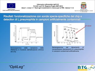 UNIONE EUROPEA
FONDO EUROPEO DI SVILUPPO REGIONALE
REGIONE PUGLIA
AREA POLITICHE PER LO SVILUPPO IL LAVORO
E L’INNOVAZIONE
Intervento cofinanziato dall’U.E.
F.E.S.R. sul P.O. Regione Puglia 2007-2013
Asse I – Linea 1.1 “Aiuti agli investimenti in ricerca per le PMI - Azione 1.1.2
Sensorgramma della variazione della
riflettanza in funzione dell’attivazione chimica
del chip
Sensorgramma del rilevamento di
concentrazioni decrescenti di L.pneumophila
in campioni contaminati artificialmente
103
cfu/ml
“OptiLeg”
 