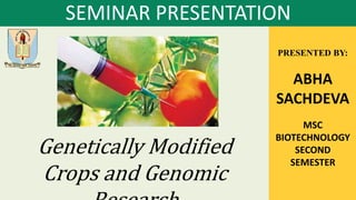 PRESENTED BY:
ABHA
SACHDEVA
MSC
BIOTECHNOLOGY
SECOND
SEMESTER
Genetically Modified
Crops and Genomic
SEMINAR PRESENTATION
 