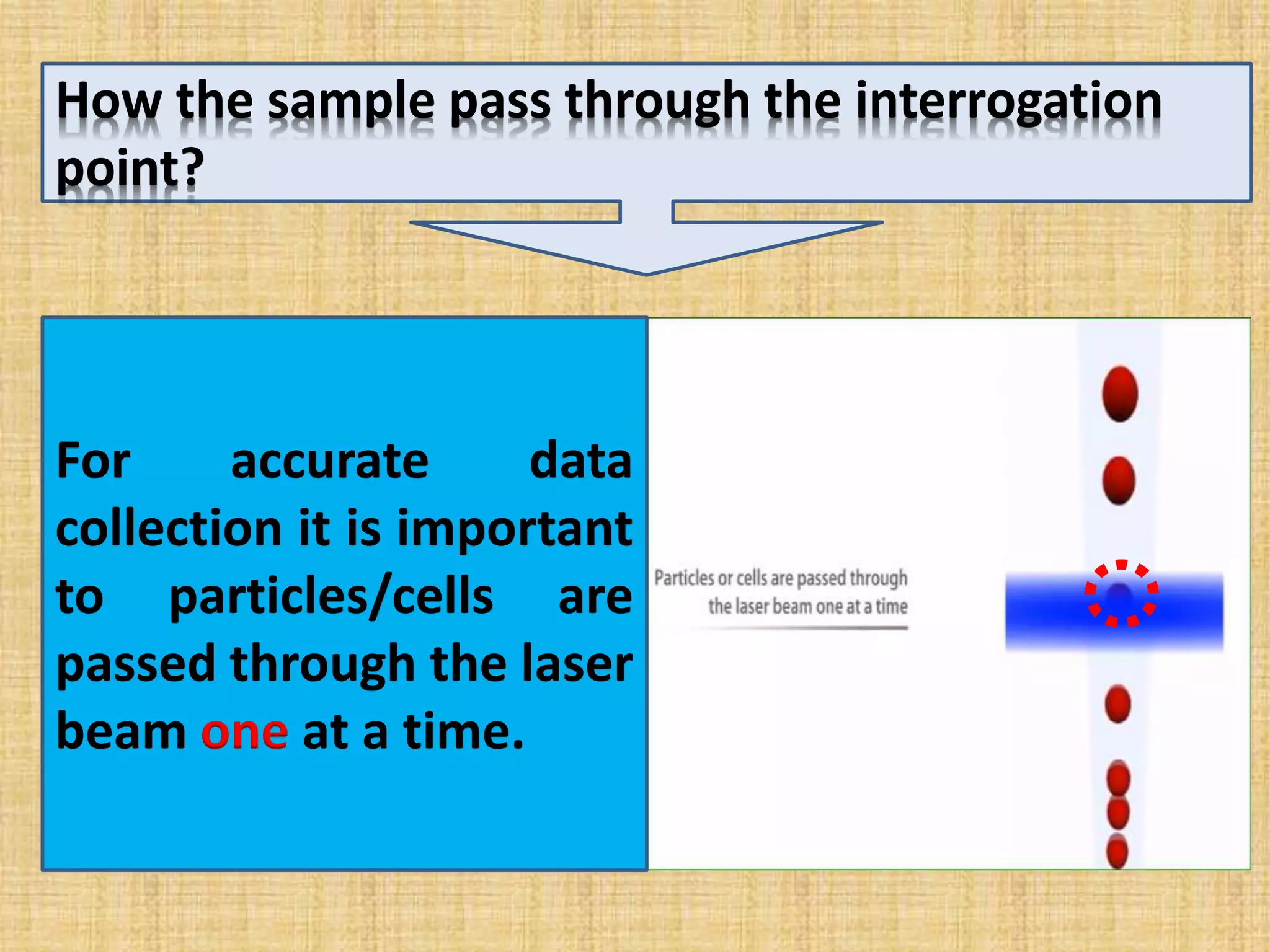 For accurate data
collection it is important
to particles/cells are
passed through the laser
beam one at a time.
How the sample pass through the interrogation
point?
 