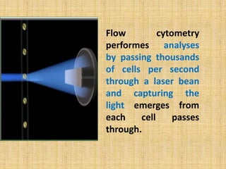 Flow cytometry
performes analyses
by passing thousands
of cells per second
through a laser bean
and capturing the
light emerges from
each cell passes
through.
 