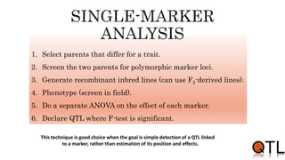 1. Select parents that differ for a trait.
2. Screen the two parents for polymorphic marker loci.
3. Generate recombinant inbred lines (can use F2-derived lines).
4. Phenotype (screen in field).
5. Do a separate ANOVA on the effect of each marker.
6. Declare QTL where F-test is significant.
This technique is good choice when the goal is simple detection of a QTL linked
to a marker, rather than estimation of its position and effects.
 