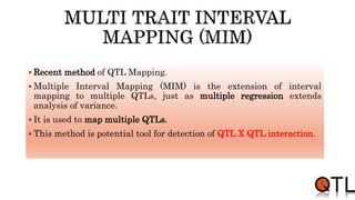  Recent method of QTL Mapping.
 Multiple Interval Mapping (MIM) is the extension of interval
mapping to multiple QTLs, just as multiple regression extends
analysis of variance.
 It is used to map multiple QTLs.
 This method is potential tool for detection of QTL X QTL interaction.
 