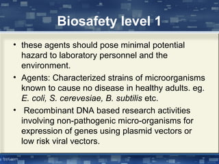 Biosafety level 1
• these agents should pose minimal potential
hazard to laboratory personnel and the
environment.
• Agents: Characterized strains of microorganisms
known to cause no disease in healthy adults. eg.
E. coli, S. cerevesiae, B. subtilis etc.
• Recombinant DNA based research activities
involving non-pathogenic micro-organisms for
expression of genes using plasmid vectors or
low risk viral vectors.
 