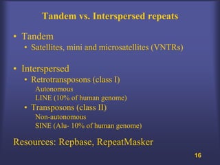 Tandem vs. Interspersed repeats

• Tandem
  • Satellites, mini and microsatellites (VNTRs)

• Interspersed
  • Retrotransposons (class I)
     Autonomous
     LINE (10% of human genome)
  • Transposons (class II)
     Non-autonomous
     SINE (Alu- 10% of human genome)

Resources: Repbase, RepeatMasker
                                                   16
 