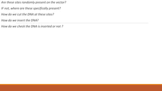 Are these sites randomly present on the vector?
IF not, where are these specifically present?
How do we cut the DNA at these sites?
How do we insert the DNA?
How do we check the DNA is inserted or not ?
 