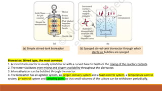 (a) Simple stirred-tank bioreactor (b) Sparged stirred-tank bioreactor through which
sterile air bubbles are sparged
Bioreactor: Stirred type, the most common
1. A stirred-tank reactor is usually cylindrical or with a curved base to facilitate the mixing of the reactor contents.
2. The stirrer facilitates even mixing and oxygen availability throughout the bioreactor.
3. Alternatively air can be bubbled through the reactor.
4. The bioreactor has an agitator system, an oxygen delivery system and a foam control system, a temperature control
system, pH control system and sampling ports so that small volumes of the culture can be withdrawn periodically.
 
