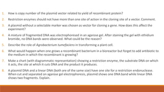 1. How is copy number of the plasmid vector related to yield of recombinant protein?
2. Restriction enzymes should not have more than one site of action in the cloning site of a vector. Comment.
3. A plasmid without a selectable marker was chosen as vector for cloning a gene. How does this affect the
experiment?
4. A mixture of fragmented DNA was electrophoresed in an agarose gel. After staining the gel with ethidium
bromide, no DNA bands were observed. What could be the reason?
5. Describe the role of Agrobacterium tumefaciens in transforming a plant cell.
6. What would happen when one grows a recombinant bacterium in a bioreactor but forget to add antibiotic to
the medium in which the recombinant is growing?
7. Make a chart (with diagrammatic representation) showing a restriction enzyme, the substrate DNA on which
it acts, the site at which it cuts DNA and the product it produces.
8. A plasmid DNA and a linear DNA (both are of the same size) have one site for a restriction endonuclease.
When cut and separated on agarose gel electrophoresis, plasmid shows one DNA band while linear DNA
shows two fragments. Explain.
 