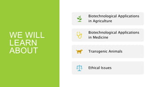 WE WILL
LEARN
ABOUT
Biotechnological Applications
in Agriculture
Biotechnological Applications
in Medicine
Transgenic Animals
Ethical Issues
 