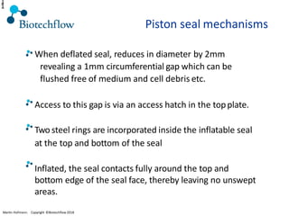 Piston seal mechanisms
When deflated seal, reduces in diameter by 2mm
revealing a 1mm circumferential gap which can be
flushed free of medium and cell debris etc.
Access to this gap is via an access hatch in the topplate.
Two steel rings are incorporated inside the inflatable seal
at the top and bottom of the seal
Inflated, the seal contacts fully around the top and
bottom edge of the seal face, thereby leaving no unswept
areas.
1
1
Martin Hofmann. Copyright ©Biotechflow 2018
 
