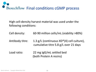 Martin Hofmann. Copyright ©Biotechflow 2018 34
Final conditions cGMP process
High cell-density harvest material was used under the
following conditions:
Cell density: 60-90 million cells/mL (viability >80%)
Antibody titre: 1.3 g/L (continuous XD®(4) cell culture),
cumulative titre 5.8 g/L over 21 days
Load ratio: 22 mg IgG/mL settled bed
(both Protein A resins)
 