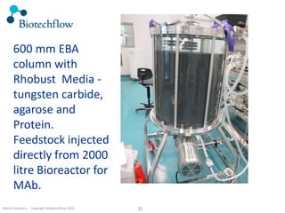 Martin Hofmann. Copyright ©Biotechflow 2018 35
600 mm EBA
column with
Rhobust Media -
tungsten carbide,
agarose and
Protein.
Feedstock injected
directly from 2000
litre Bioreactor for
MAb.
 
