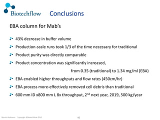 Martin Hofmann. Copyright ©Biotechflow 2018 40
Conclusions
EBA column for Mab’s
43% decrease in buffer volume
Production-scale runs took 1/3 of the time necessary for traditional
Product purity was directly comparable
Product concentration was significantly increased,
from 0.35 (traditional) to 1.34 mg/ml (EBA)
EBA enabled higher throughputs and flow rates (450cm/hr)
EBA process more-effectively removed cell debris than traditional
600 mm ID x800 mm L 8x throughput, 2nd next year, 2019, 500 kg/year
 