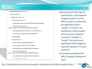 Nella quarta ed ultima fase di
esportazione, i dati elaborati
vengono raccolti in un file
XML di output i cui elementi
più significativi sono il
“testId” e il “name”, che
identificano il tipo di analisi
ed il suo nome insieme al
“nameIm”, “resultIm” e
“unitIm” che precisano le
coordinate nell'immagine di
input dei riquadri in cui sono
contenuti.
Un esempio completo di file
XML di output è riportato di
Fig.3.
Fig. 3. Estratto dell’uscita xml contenente i dati presenti nel referto medico di Fig. 1
 