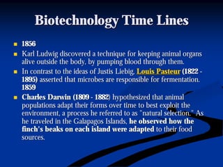 Biotechnology Time LinesBiotechnology Time Lines
nn 18561856
nn Karl Ludwig discovered a technique for keeping animal organsKarl Ludwig discovered a technique for keeping animal organs
alive outside the body, by pumping blood through them.alive outside the body, by pumping blood through them.
nn In contrast to the ideas ofIn contrast to the ideas of JustisJustis LiebigLiebig,, Louis PasteurLouis Pasteur (1822(1822 --
1895)1895) asserted that microbes are responsible for fermentation.asserted that microbes are responsible for fermentation.
18591859
nn Charles Darwin (1809Charles Darwin (1809 -- 18821882) hypothesized that animal) hypothesized that animal
populations adapt their forms over time to best exploit thepopulations adapt their forms over time to best exploit the
environment, a process he referred to as "natural selection." Asenvironment, a process he referred to as "natural selection." As
he traveled in the Galapagos Islands,he traveled in the Galapagos Islands, he observed how thehe observed how the
finch's beaks on each island were adaptedfinch's beaks on each island were adapted to their foodto their food
sources.sources.
 