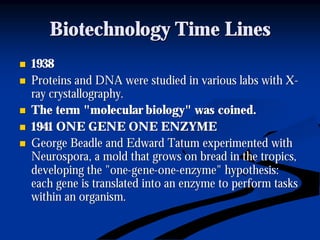 Biotechnology Time LinesBiotechnology Time Lines
nn 19381938
nn Proteins and DNA were studied in various labs with XProteins and DNA were studied in various labs with X--
ray crystallography.ray crystallography.
nn The term "molecular biology" was coined.The term "molecular biology" was coined.
nn 1941 ONE GENE ONE ENZYME1941 ONE GENE ONE ENZYME
nn George Beadle and Edward Tatum experimented withGeorge Beadle and Edward Tatum experimented with
NeurosporaNeurospora, a mold that grows on bread in the tropics,, a mold that grows on bread in the tropics,
developing the "onedeveloping the "one--genegene--oneone--enzyme" hypothesis:enzyme" hypothesis:
each gene is translated into an enzyme to perform taskseach gene is translated into an enzyme to perform tasks
within an organism.within an organism.
 