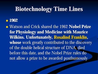 Biotechnology Time LinesBiotechnology Time Lines
nn 19621962
nn Watson and Crick shared the 1962Watson and Crick shared the 1962 Nobel PrizeNobel Prize
for Physiology and Medicine with Mauricefor Physiology and Medicine with Maurice
Wilkins. Unfortunately,Wilkins. Unfortunately, Rosalind FranklinRosalind Franklin,,
whosewhose work greatly contributed to the discoverywork greatly contributed to the discovery
of the double helical structure of DNA, diedof the double helical structure of DNA, died
before this date, and the Nobel Prize rules dobefore this date, and the Nobel Prize rules do
not allow a prize to be awarded posthumouslynot allow a prize to be awarded posthumously
 